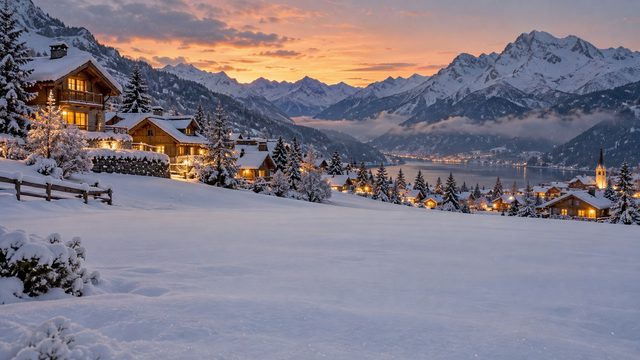 Alpine village in snow at dusk with timber houses and mountains behind - free Christmas background
