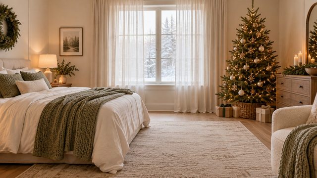 Serene bedroom with a knit throw, a small tree and pale winter light - free Christmas background