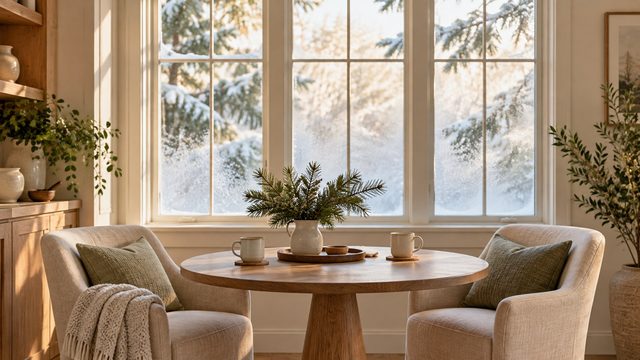 Small breakfast nook with a round table, mugs and a frosted window - free Christmas background