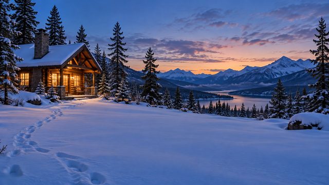 Small wooden cabin in snow at dusk with warm light in the windows - free Christmas background