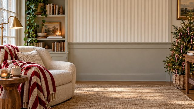 Reading nook with candy cane stripes, a cream armchair and a tiny tree - free Christmas background