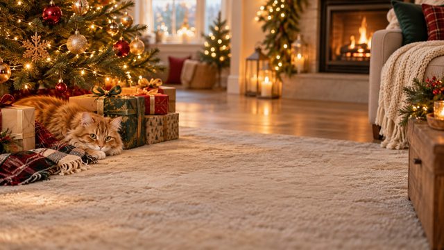 Fluffy orange cat lying under a Christmas tree among wrapped gifts - free Christmas background