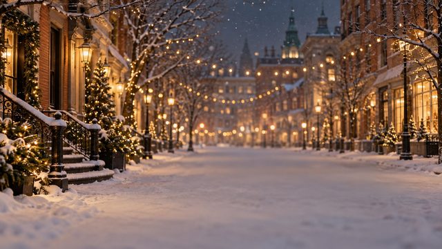 Snowy city street at night with warm string lights and soft bokeh - free Christmas background