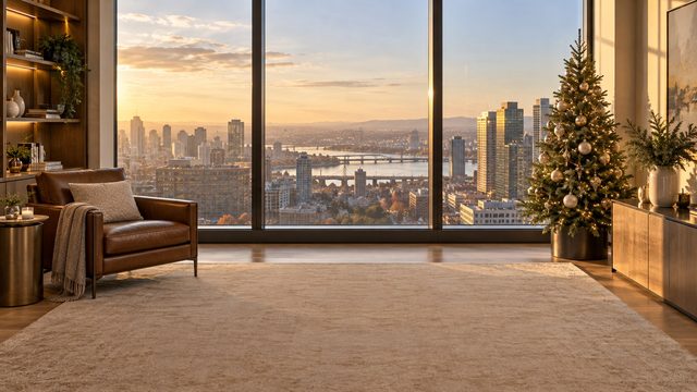 Executive corner office with subdued decor, a small tree and a city view - free Christmas background