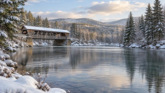 Wooden covered bridge in fresh snow with pines on both banks - free Christmas background