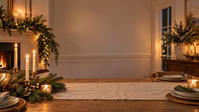 Festive dining room with a linen runner, evergreen garland and taper candles - free Christmas background