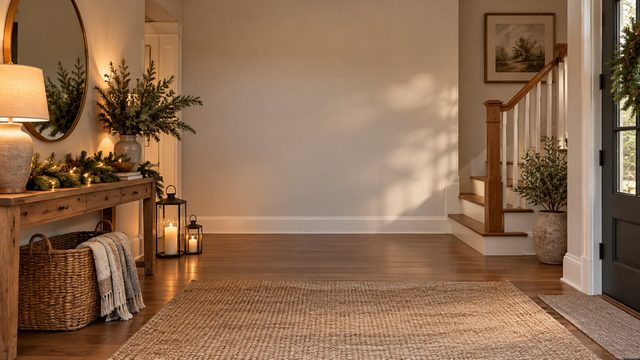 Entryway with a wooden console, evergreen garland, lanterns and a round mirror - free Christmas background
