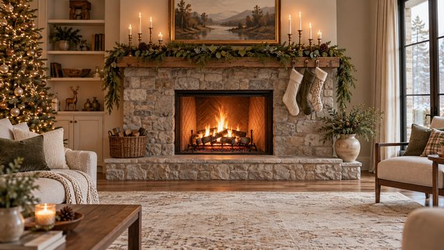 Wide stone fireplace with garland, brass candlesticks and stockings - free Christmas background
