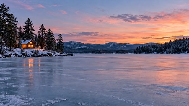 Frozen lake at dusk with a cabin on the shore and pine trees - free Christmas background
