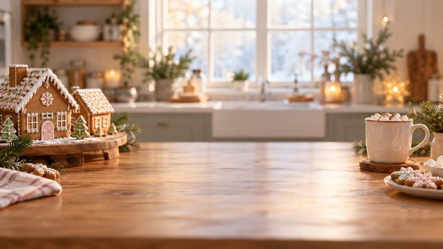Kitchen with gingerbread houses, pastel icing and a mug of cocoa - free Christmas background