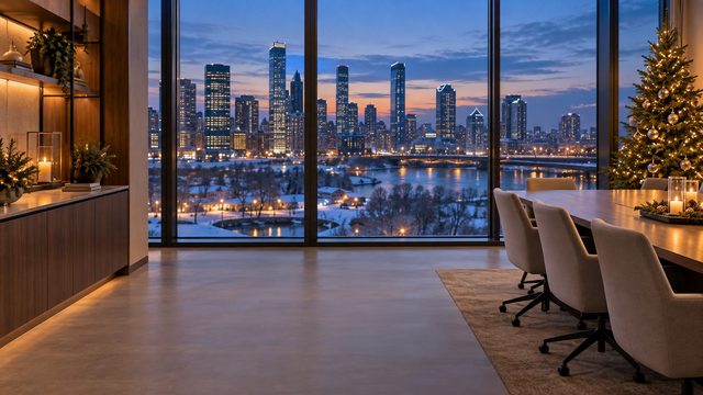 Modern glass office at dusk with a small tree and a snowy city skyline - free Christmas background
