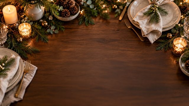 Holiday table with linen napkins, evergreen sprigs and brass cutlery - free Christmas background