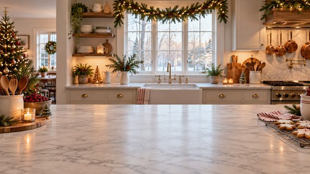 Bright kitchen with cookies cooling, copper pots and a pine garland - free Christmas background