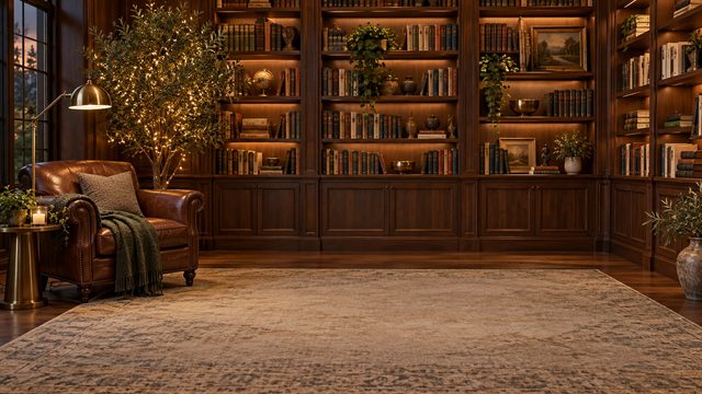Classic library with walnut shelves, leather armchair and a small lit tree - free Christmas background