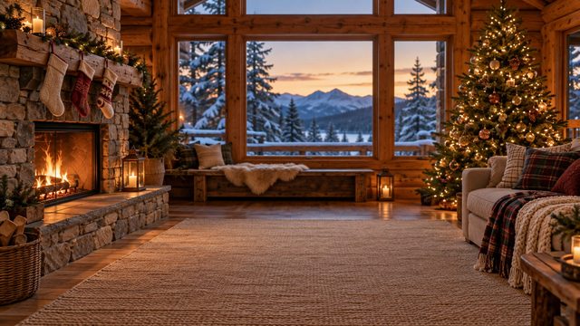 Log cabin living room with a stone fireplace, stockings and a lit tree - free Christmas background
