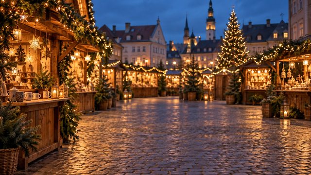 Christmas market with timber stalls, warm lights and evergreen garlands - free Christmas background