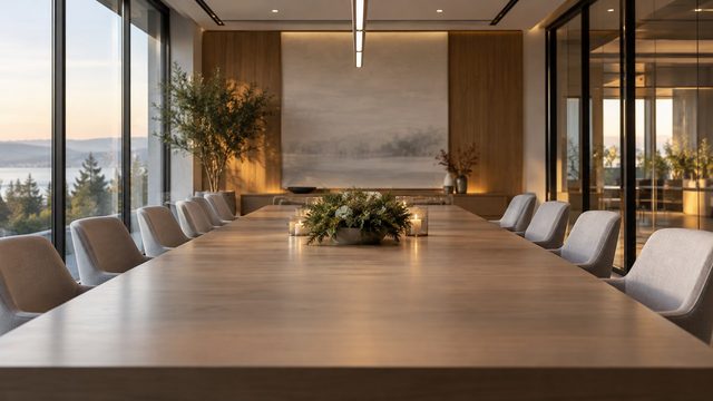 Boardroom with a long table and a low evergreen centerpiece with candles - free Christmas background
