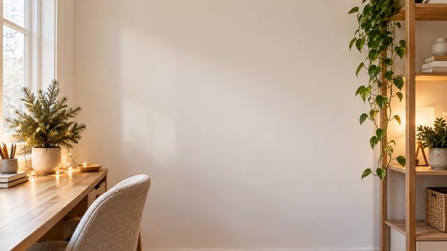 Minimal white office with a small potted spruce and warm string lights - free Christmas background