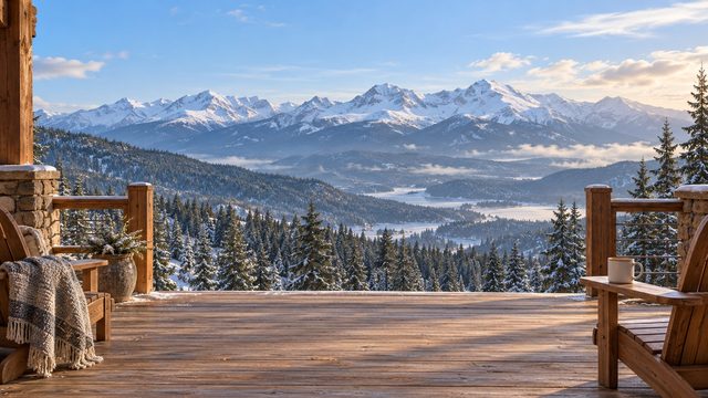 Mountain lodge deck with wooden chairs, a blanket and snowy peaks beyond - free Christmas background
