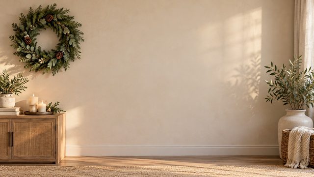 Beige wall with a simple evergreen wreath, candles and a ceramic vase - free Christmas background