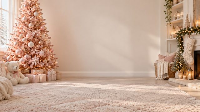 Pastel Christmas corner with a blush pink tree, plush toys and a knitted stocking - free Christmas background