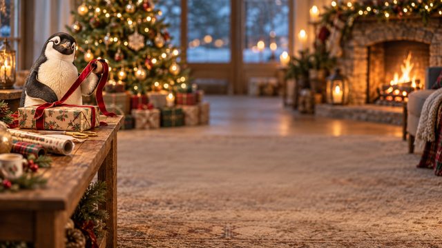 Whimsical penguin wrapping gifts at a wooden table with ribbon - free Christmas background