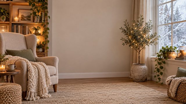 Wingback chair, knit blanket, books and a small tree beside a frosted window - free Christmas background