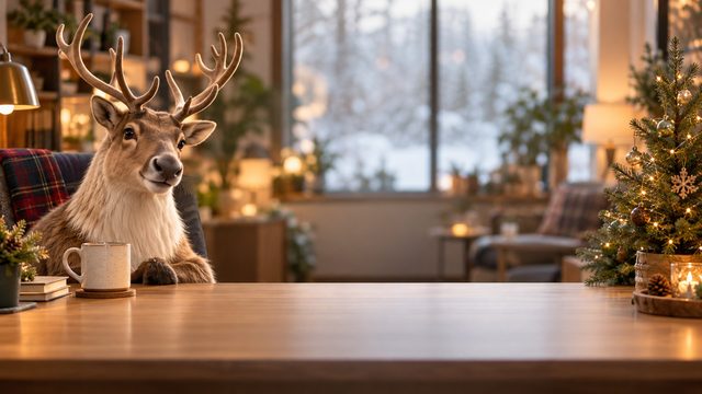 Whimsical reindeer sitting at an office desk with a mug and small tree - free Christmas background