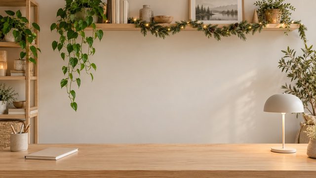 Scandinavian desk with a pine garland on the wall shelf and soft daylight - free Christmas background