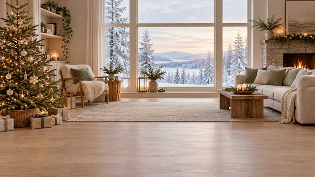 Calm Scandinavian living room with a slim spruce, sheepskin throws and snowy windows - free Christmas background