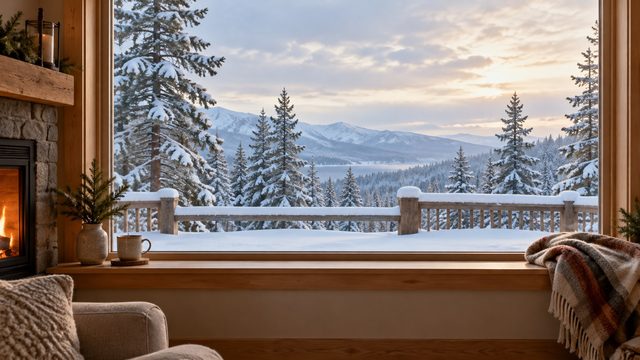 Cozy interior looking out at a snowy cabin porch and pine trees - free Christmas background