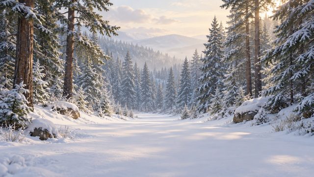 Quiet snowy path between tall pines with gentle snowfall - free Christmas background