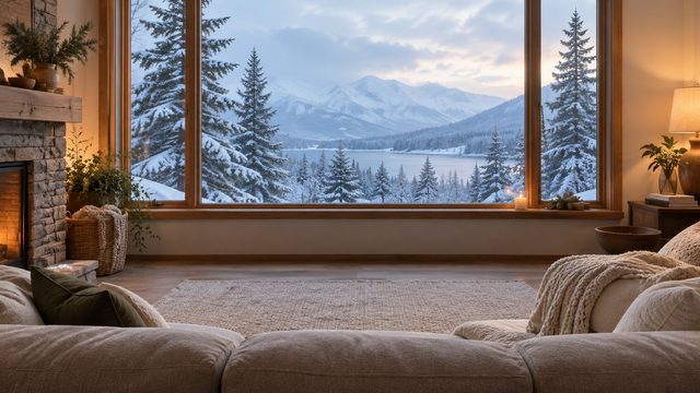 Living room sofa facing falling snow and pine trees through a wide window - free Christmas background