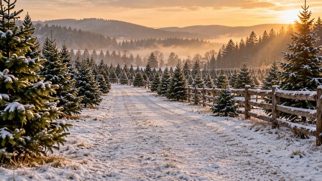 Christmas tree farm with neat rows of firs and light snow on the ground - free Christmas background