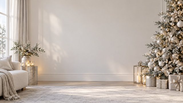Bright white studio corner with a silver-toned tree and frosted ornaments - free Christmas background