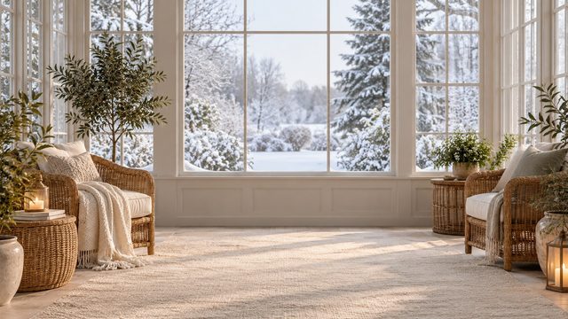 Bright sunroom with rattan chairs, wool throws and snowy garden windows - free Christmas background