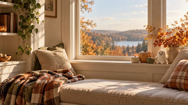 Cozy pumpkin window nook Teams background