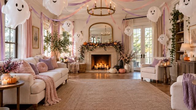 Pastel party living room with smiling ghost-shaped balloons, pink and lavender streamers and small pumpkins