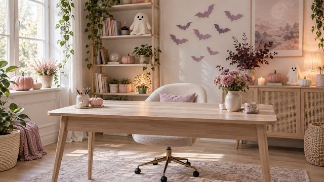 Cute pastel home office corner with blush pink pumpkins, lavender paper bats and a ghost plush on the shelf