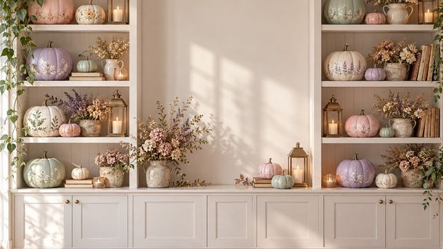 Bright shelf wall filled with hand-painted pastel pumpkins, dried flowers and small lanterns