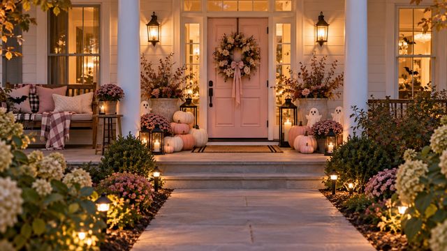 Pastel pumpkin front porch Teams background