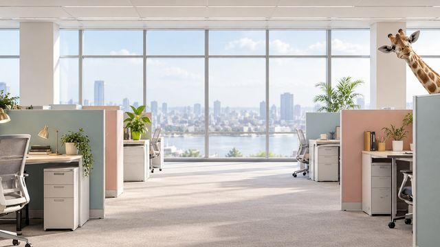 Giraffe head and neck popping over a pastel office cubicle partition in a bright open-plan office