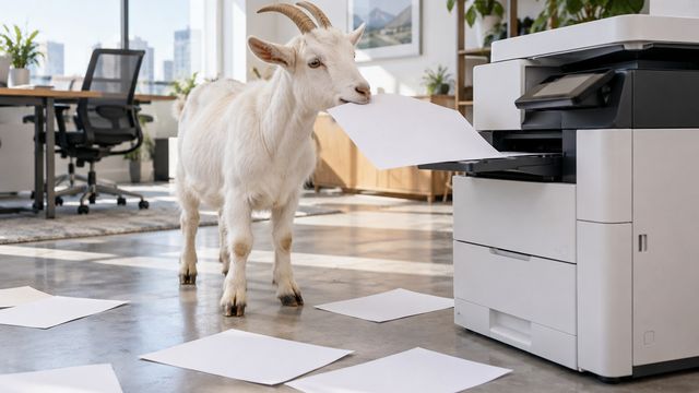 White goat nibbling a sheet of paper beside an office printer with blank pages scattered on the floor