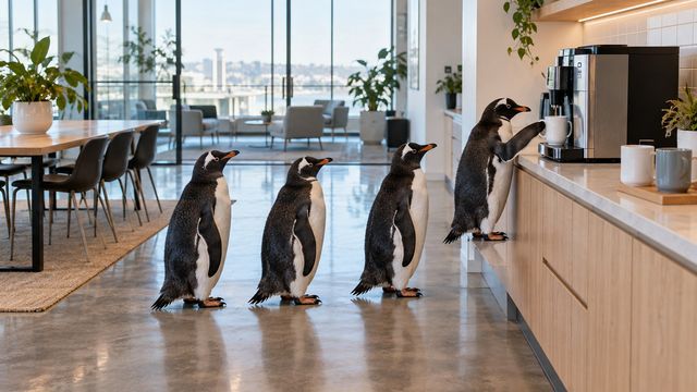Penguin coffee queue Teams background