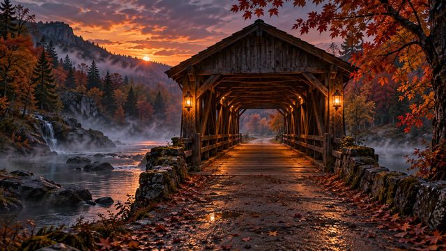 Covered bridge at dusk Teams background