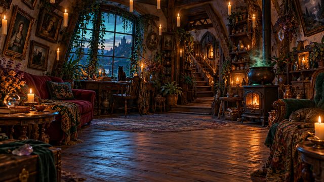 Crooked witch-house parlor with floating candles, tilted frames and a glowing kettle at dusk