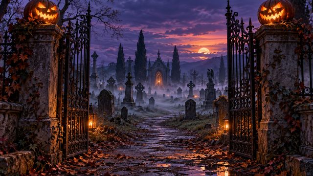 Misty graveyard gate Teams background