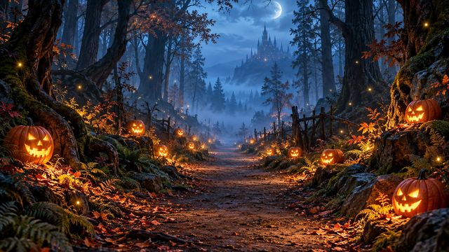 Glowing pumpkin forest path Teams background