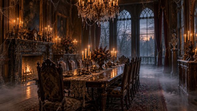 Victorian dining room with a long dark table, dripping candles, dusty chandelier and faint floor fog