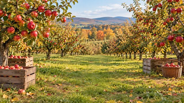Apple orchard in autumn with red apples, wooden crates and a basket on the grass - free Thanksgiving background